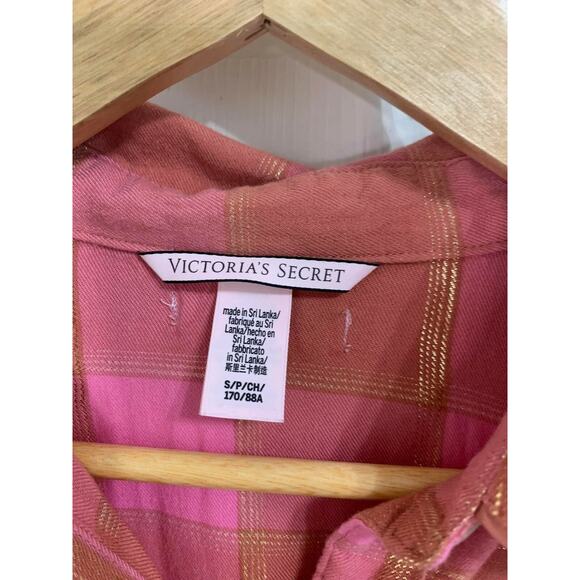 Victoria's Secret Pink Gold Plaid Button Down Shirt Sleep Dress Size Small - Picture 4 of 5